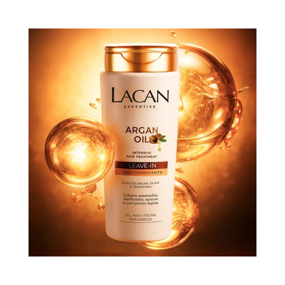 Frasco branco com tampa dourada de Leave-In Lacan Argan Oil 150ml